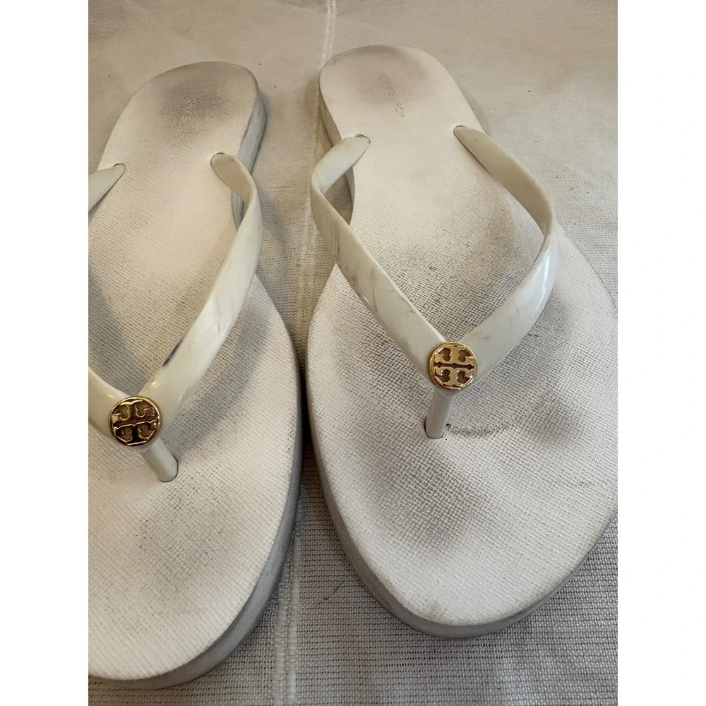 Tory Burch White Rubber Flip Flops Logo Medallion Thong Sandals Womens 9M